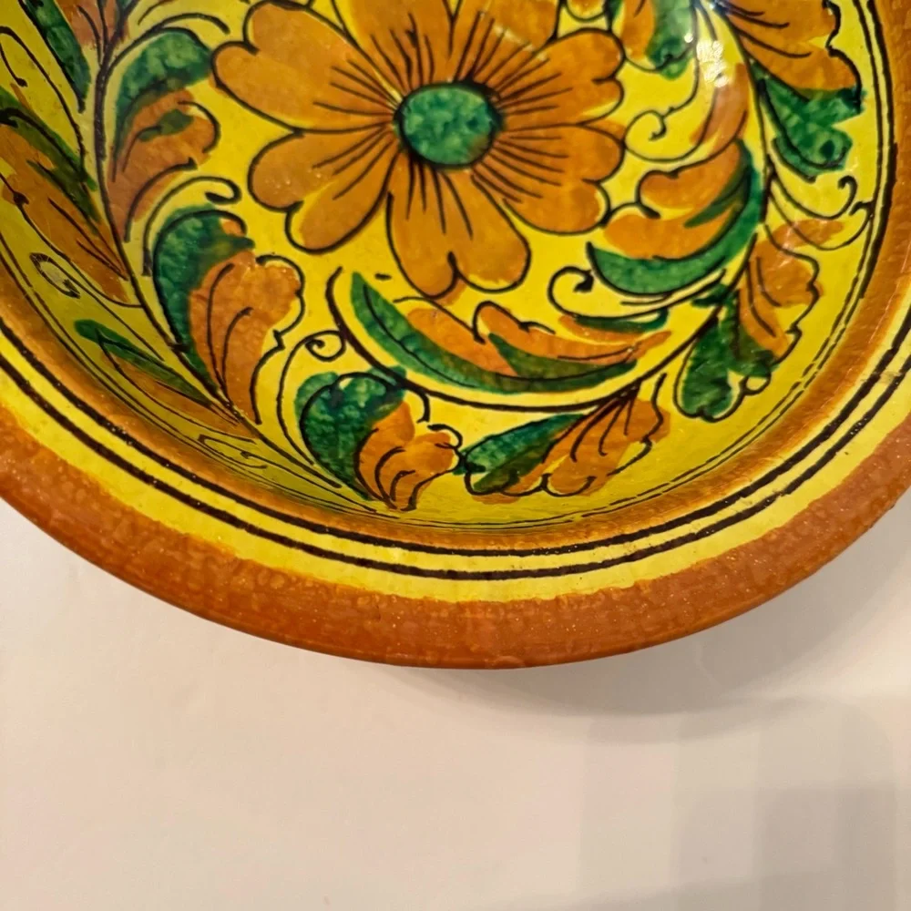 Hand-Painted vintage Italy Floral Ceramic Bowl large yellow orange green pottery